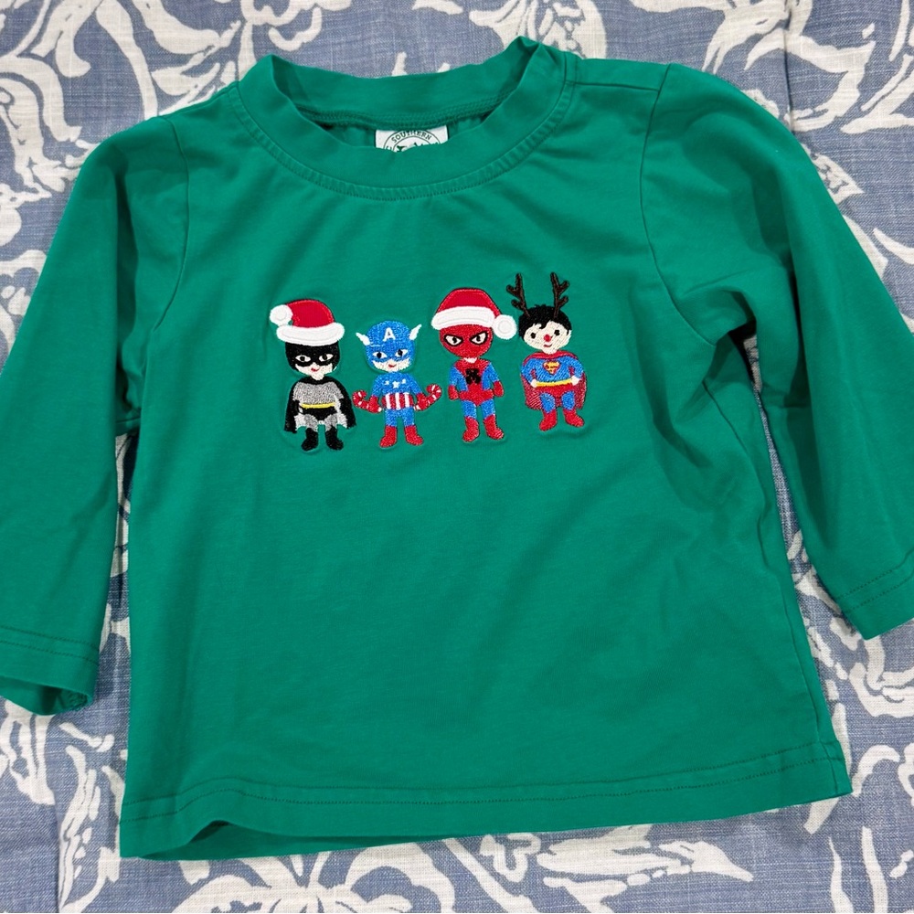 Green Kids Shirt with Christmas Superhero Embroidery